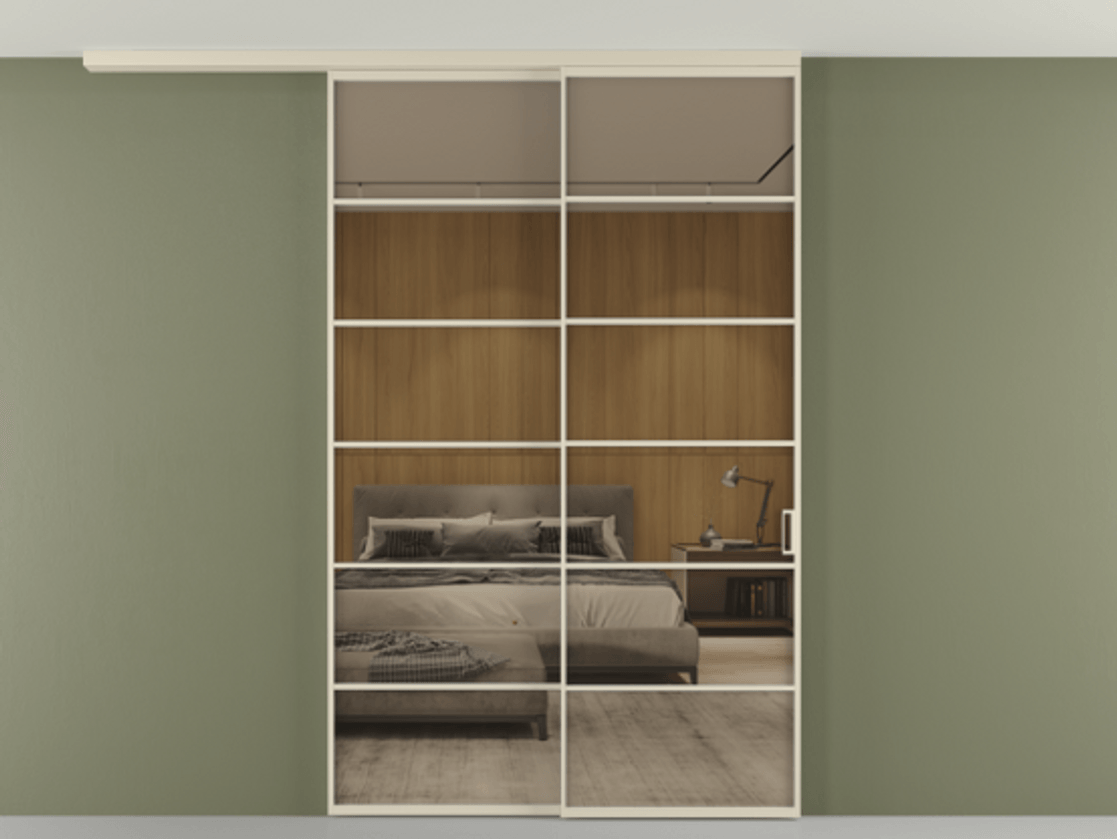 Перегородка Формато вдоль стены на потолок 2 створки с синхронным механизмом АЛПР 040.04 Алюминий бежево-серый Рефлективное бронзовое стекло "Стопсол", калёное Цена 344180 ₽ | Volhovec