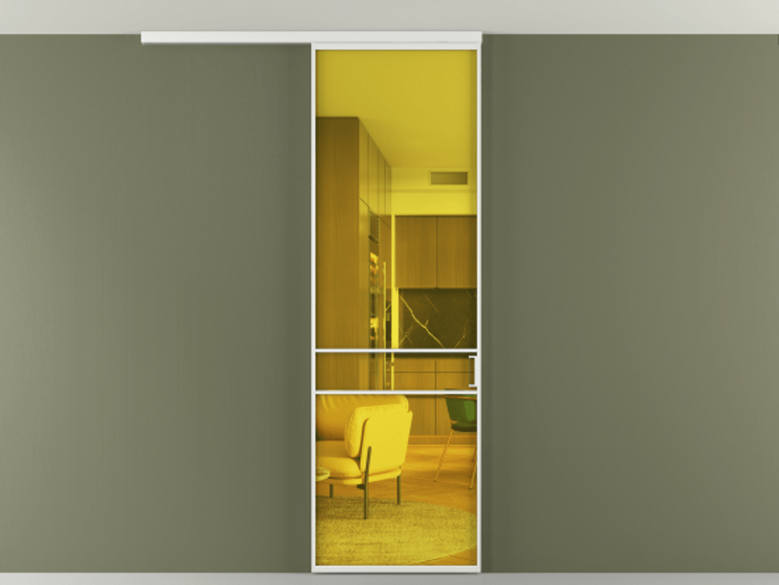 Перегородка Формато вдоль стены на потолок 1 створка АЛПР 040.02 Алюминий белоснежный Прозрачное жёлтое стекло, триплекс Цена 96858 ₽ | Volhovec