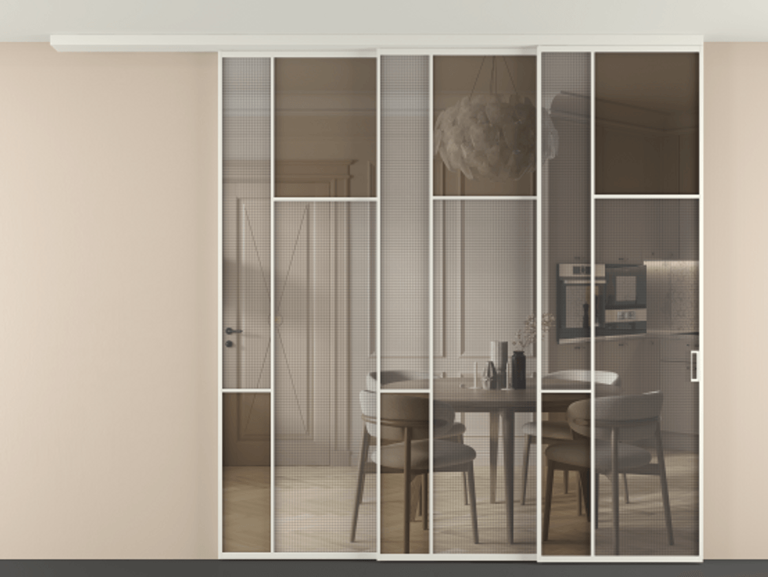 Перегородка Mosaic вдоль стены телескопик синхро-3 АЛПР 041.11 Алюминий Белый Mesh silver + Бронза прозрачное триплекс Цена 432640 ₽ | Volhovec