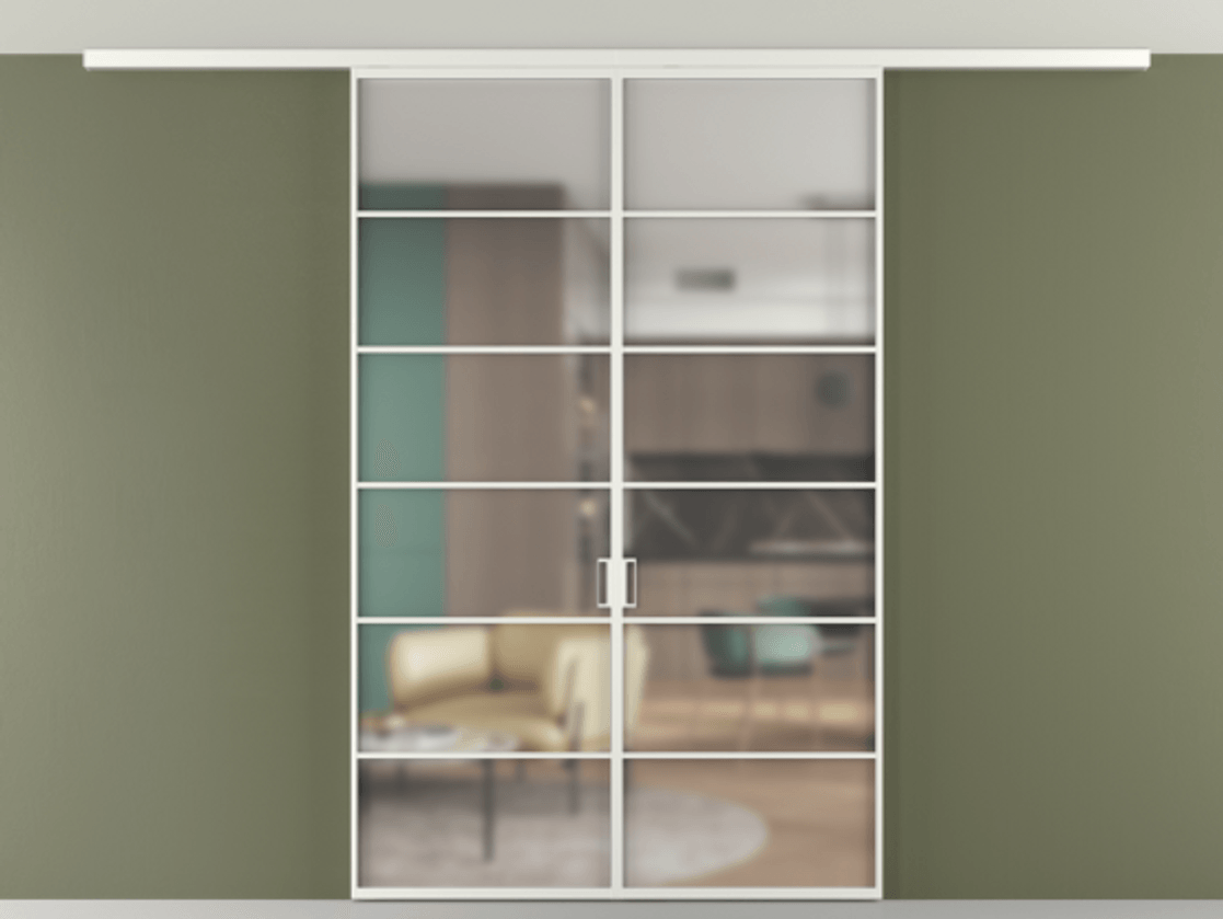 Перегородка Формато вдоль стены на потолок 2 створки АЛПР 040.04 Алюминий светло-серый Сатинированное стекло "Мателюкс Кристал Вижн", калёное, матовое, каленое 6 мм Цена 261080 ₽ | Volhovec