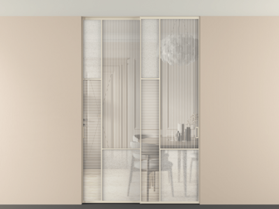 Перегородка Мозаик внутри проёма скрытое крепление в потолок 2 створки АЛПР 041.13 Алюминий бежево-серый Рифлёное стекло "Дюна", триплекс, 6 мм + Фактурное стекло "Лёд", триплекс Цена 340580 ₽ | Volhovec