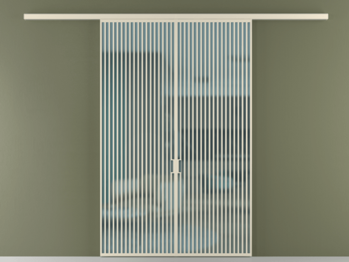 Перегородка Формато вдоль стены 2 створки АЛПР 040.06 Алюминий бежево-серый Сатинированное голубое стекло, триплекс Цена 342450 ₽ | Volhovec