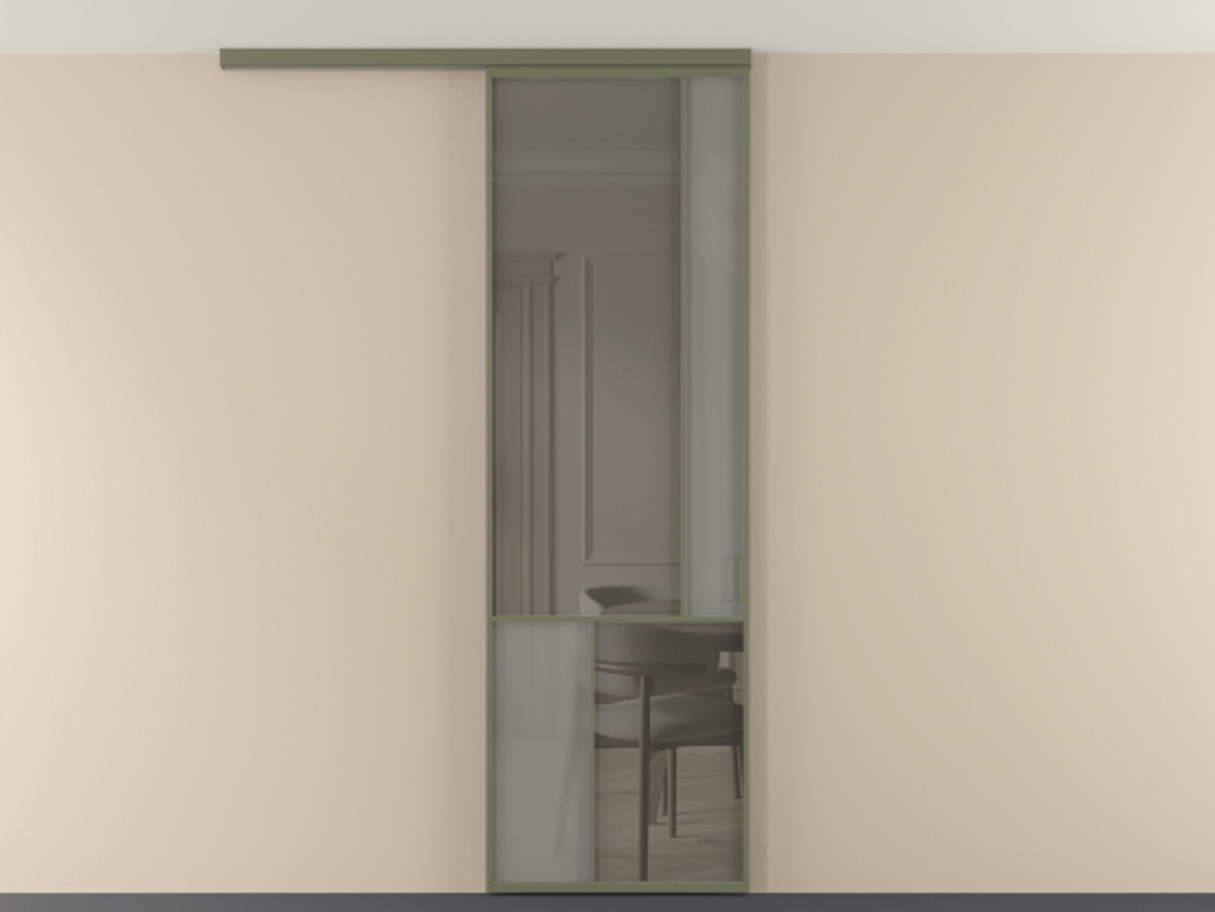 Перегородка Мозаик вдоль стены на потолок 1 створка АЛПР 041.21 Алюминий оливковый тёмный Сатинированное серое стекло, триплекс, 6 мм + Прозрачное серое стекло, триплекс Цена 135040 ₽ | Volhovec