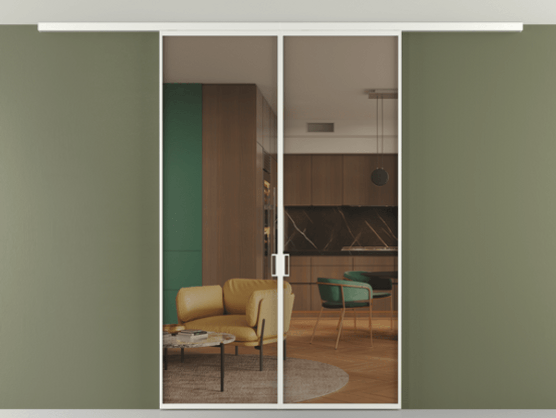 Перегородка Формато вдоль стены на потолок 2 створки АЛПР 040.01 Алюминий светло-серый Прозрачное бронзовое стекло, триплекс Цена 185372 ₽ | Volhovec