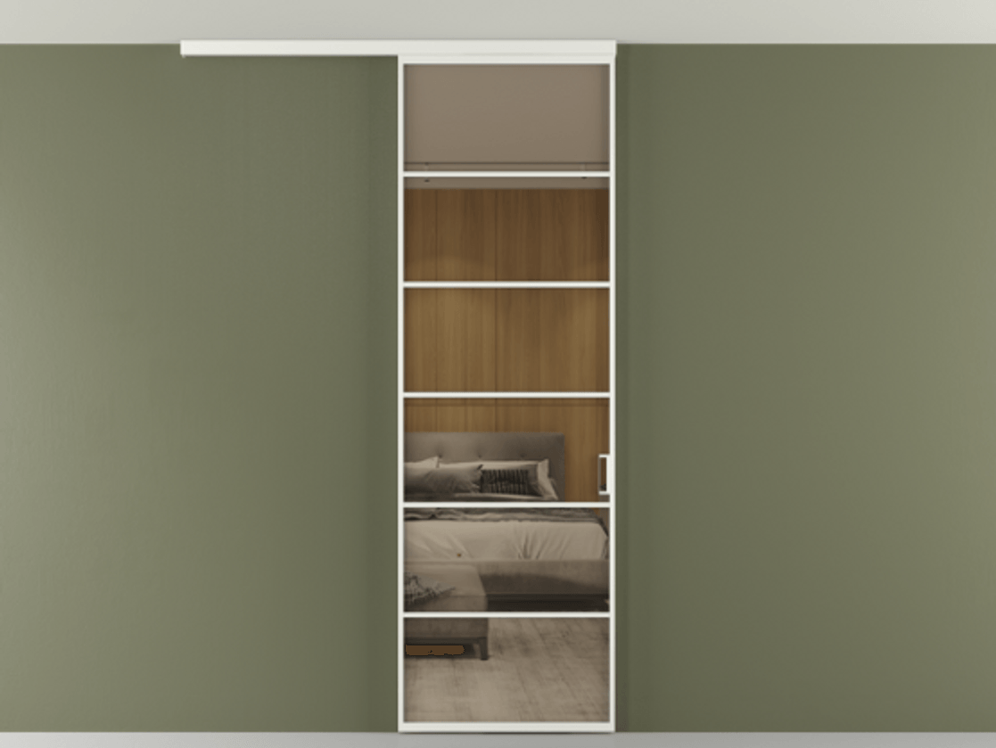 Перегородка Формато вдоль стены на потолок 1 створка АЛПР 040.04 Алюминий светло-серый Рефлективное бронзовое стекло "Стопсол", калёное Цена 134090 ₽ | Volhovec