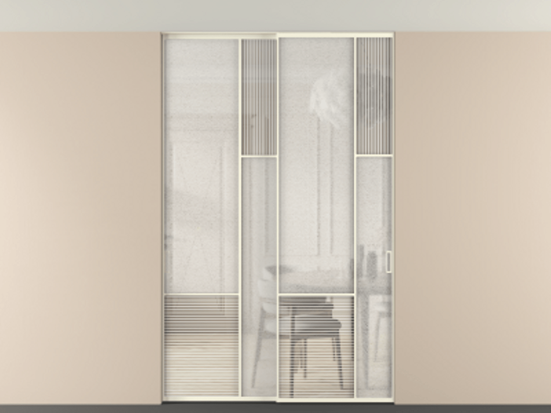 Перегородка Мозаик внутри проёма скрытое крепление в потолок 2 створки АЛПР 041.12 Алюминий молочно-белый Рифлёное стекло "Дюна", триплекс, 6 мм + Фактурное стекло "Лёд", триплекс Цена 340580 ₽ | Volhovec