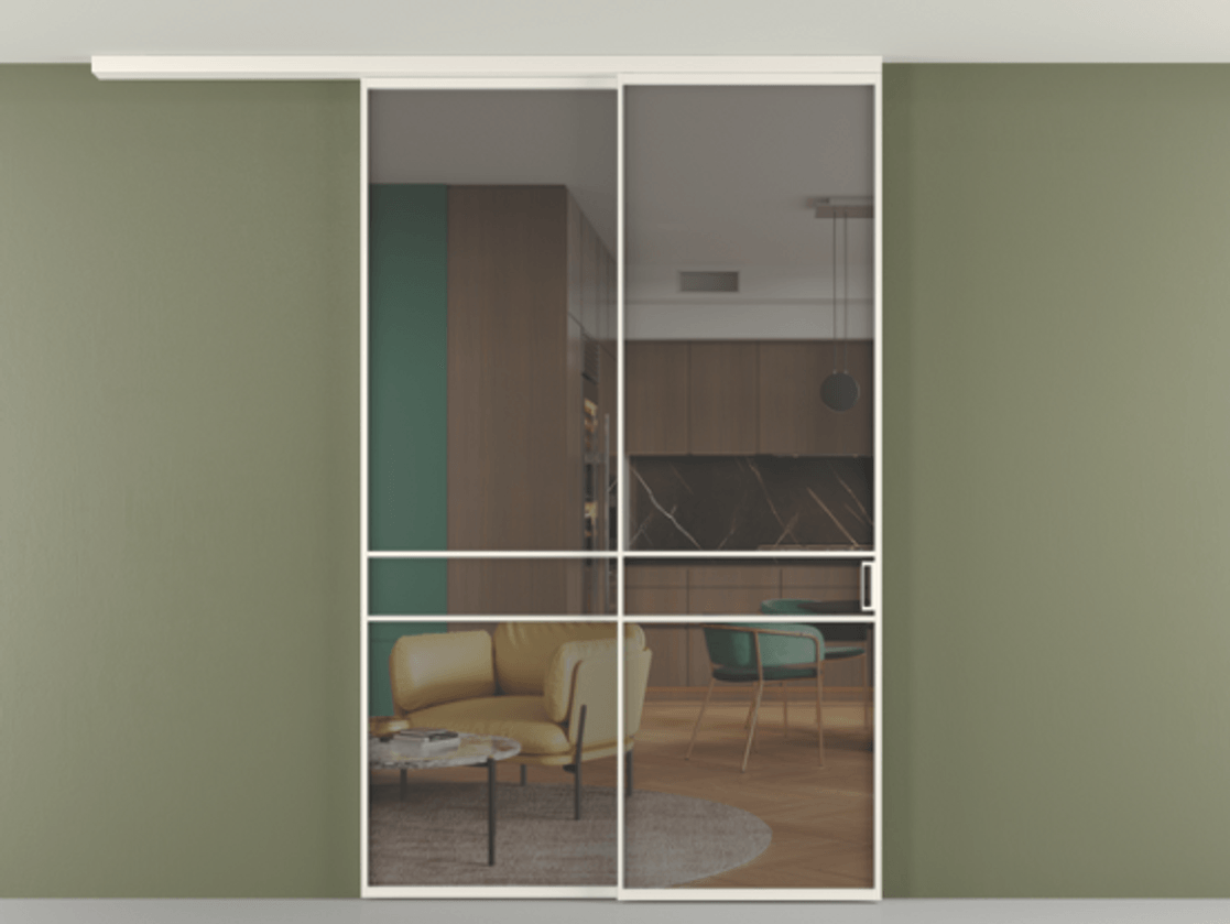 Перегородка Формато вдоль стены на потолок 2 створки с синхронным механизмом АЛПР 040.02 Алюминий пудровый белый Прозрачное серое стекло, триплекс Цена 311020 ₽ | Volhovec