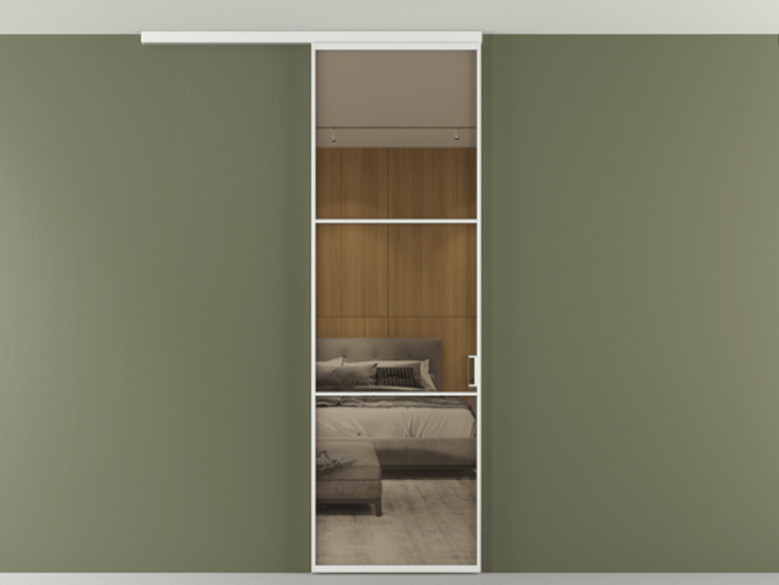 Перегородка Формато вдоль стены на потолок 1 створка АЛПР 040.03 Алюминий белоснежный Рефлективное бронзовое стекло "Стопсол", калёное Цена 107388 ₽ | Volhovec