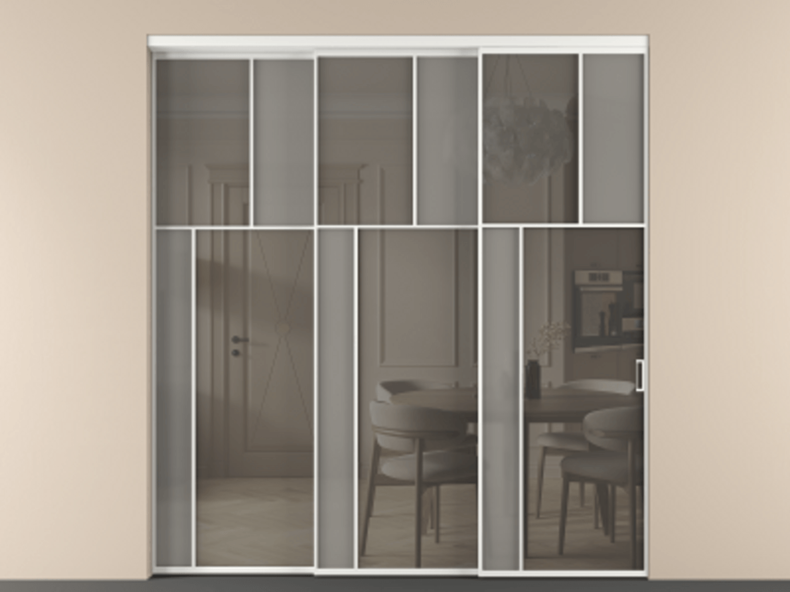 Перегородка Мозаик внутри проёма 3 створки с синхронным механизмом АЛПР 041.22 Алюминий белоснежный Сатинированное серое стекло, триплекс, 6 мм + Прозрачное серое стекло, триплекс Цена 437390 ₽ | Volhovec