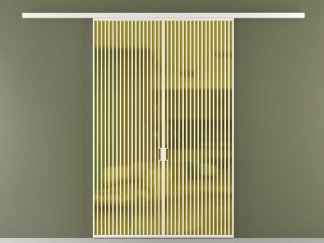 Перегородка Формато вдоль стены 2 створки АЛПР 040.06 Алюминий светло-серый Сатинированное жёлтое стекло, триплекс Цена 342450 ₽ | Volhovec