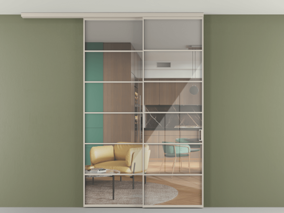 Перегородка Формато вдоль стены на потолок 2 створки с синхронным механизмом АЛПР 040.04 Алюминий светло-бежевый Рефлективное прозрачное стекло "Стопсол", калёное. Цена 334950 ₽ 1. Полотно 2 шт. (800/2100 мм)
2. Комплект установки раздвижной системы
3. Базовый комплект фурнитуры
4.Ручка Рондо. Фабрика дверей Волховец 8 (800) 551 43 19 Перегородка Формато вдоль стены на потолок 2 створки с синхронным механизмом АЛПР 040.04 Алюминий светло-бежевый Рефлективное прозрачное стекло "Стопсол", калёное Цена 334950 ₽ | Volhovec