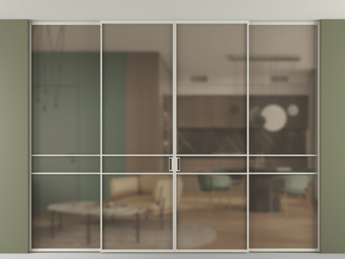 Перегородка Formato внутри проёма скрытое крепление в потолок 4 створки АЛПР 040.02 Алюминий тёплый серый Сатинированное бронзовое стекло, триплекс Цена 440530 ₽ | Volhovec