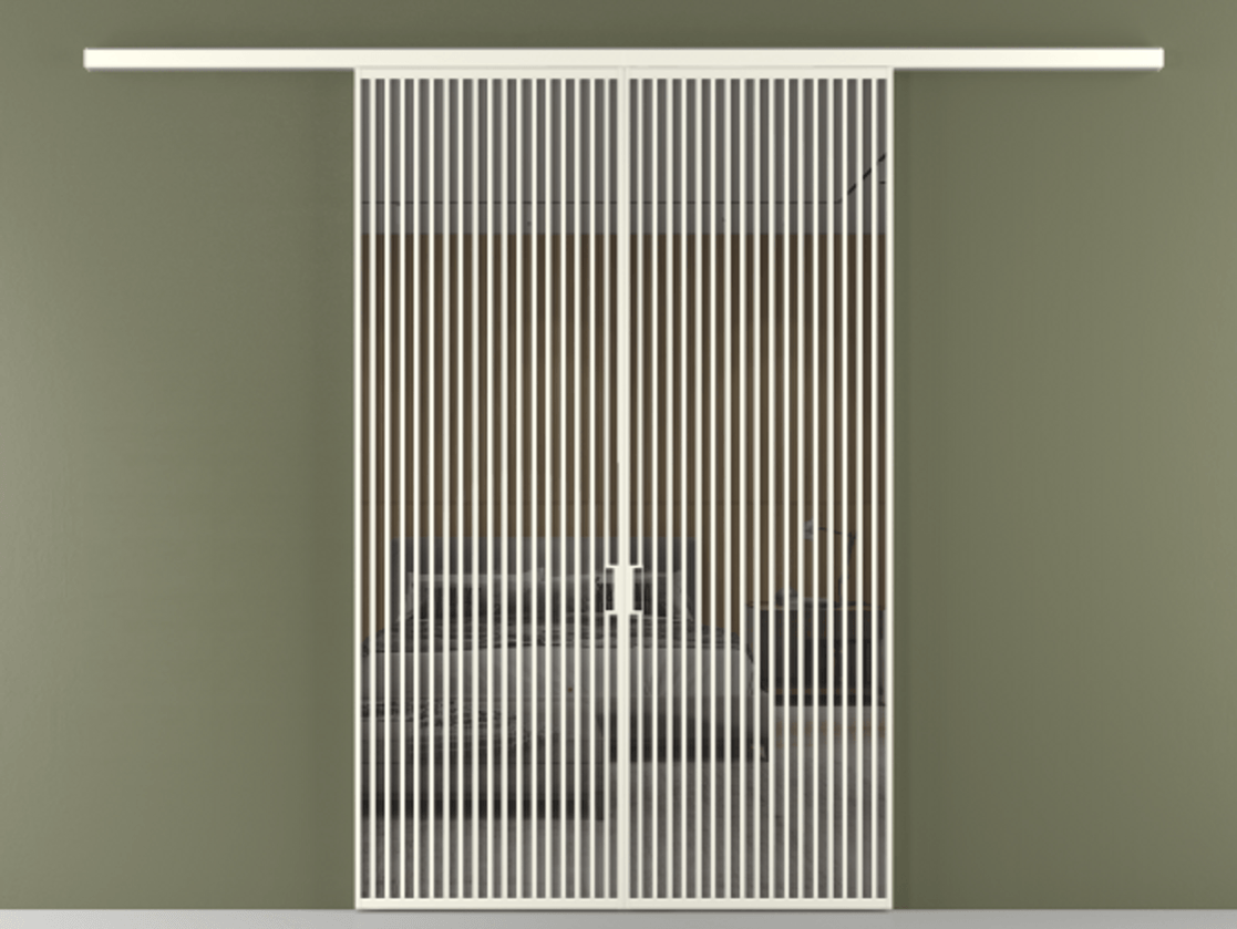 Перегородка Formato вдоль стены 2 створки АЛПР 040.06 Алюминий жемчужный Рефлективное серое стекло "Stopsol", калёное Цена 445000 ₽ | Volhovec