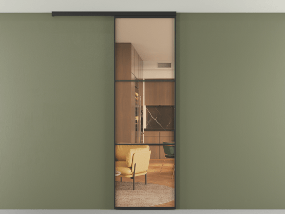 Перегородка Формато вдоль стены на потолок 1 створка АЛПР 040.03 Алюминий Черный Прозрачное оранжевое стекло, триплекс Цена 93188 ₽ | Volhovec