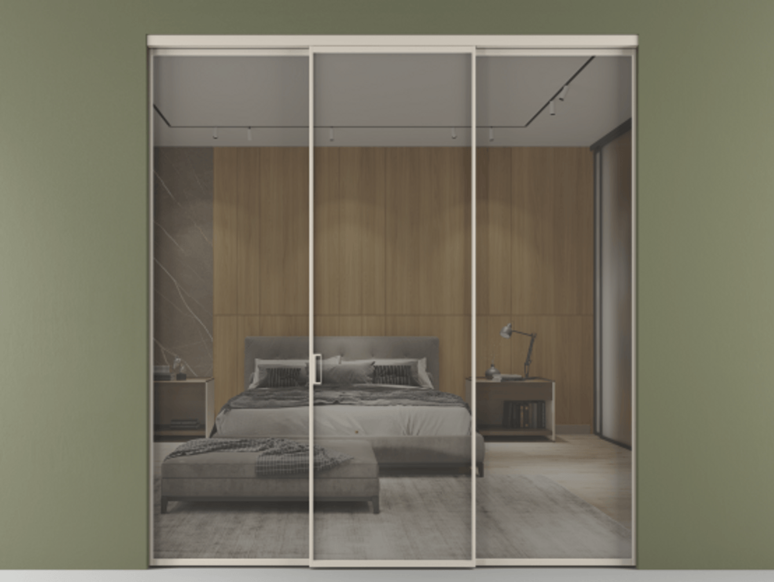 Перегородка Формато внутри проёма 3 створки АЛПР 040.01 Алюминий светло-бежевый Рефлективное серое стекло "Стопсол", калёное Цена 301400 ₽ | Volhovec