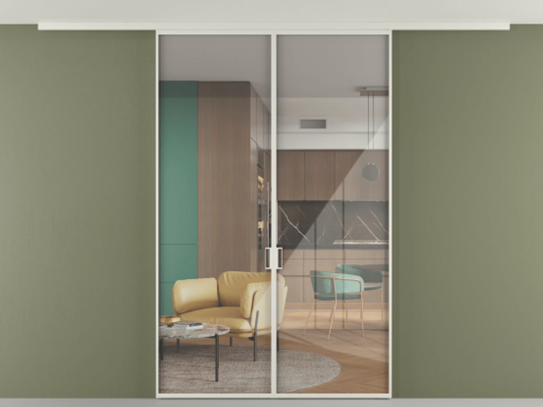 Перегородка Формато вдоль стены на потолок 2 створки АЛПР 040.01 Алюминий Белый Рефлективное прозрачное стекло "Стопсол", калёное Цена 223460 ₽ | Volhovec