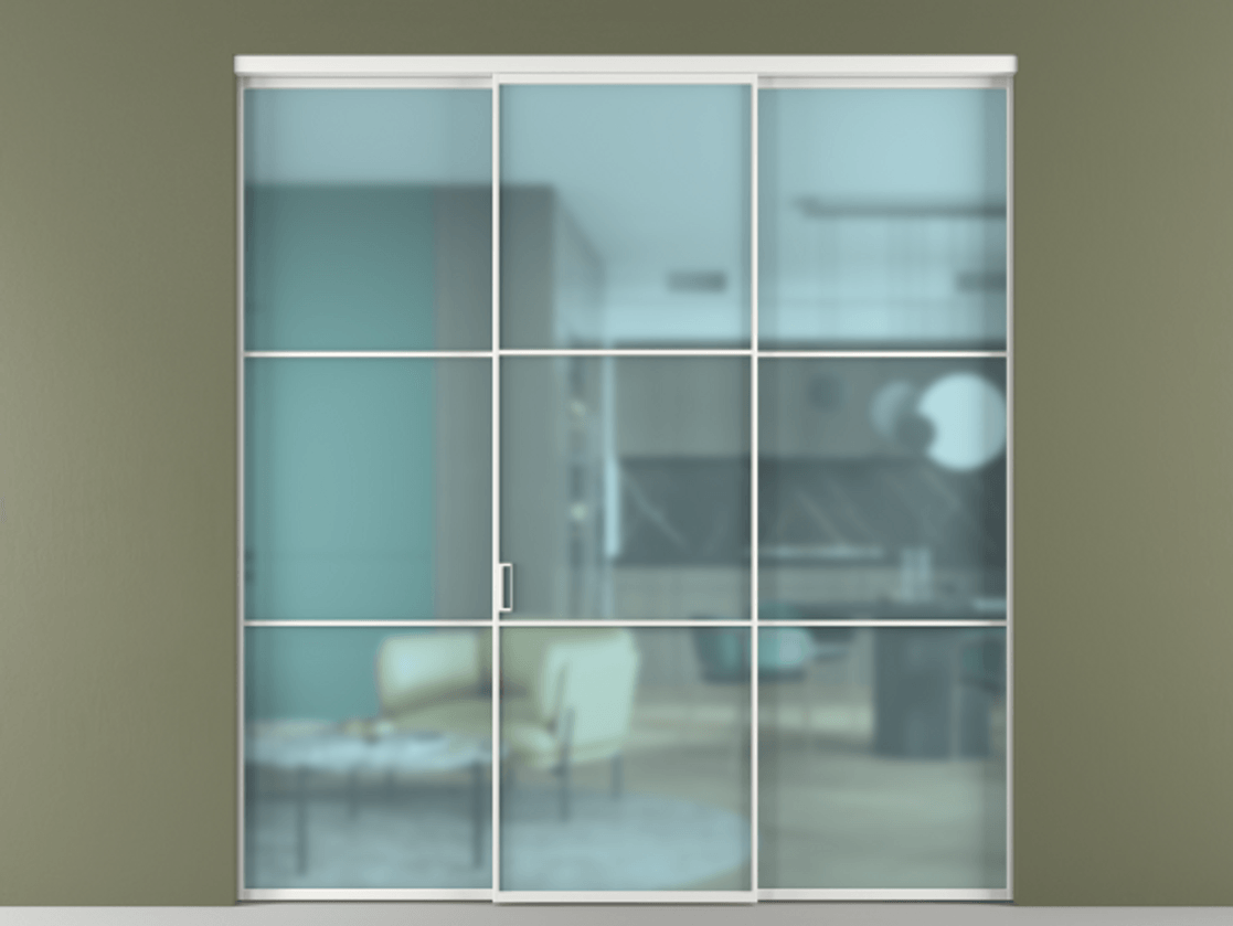 Перегородка Формато внутри проёма 3 створки АЛПР 040.03 Алюминий белоснежный Сатинированное голубое стекло, триплекс Цена 12400 AZE | Volhovec