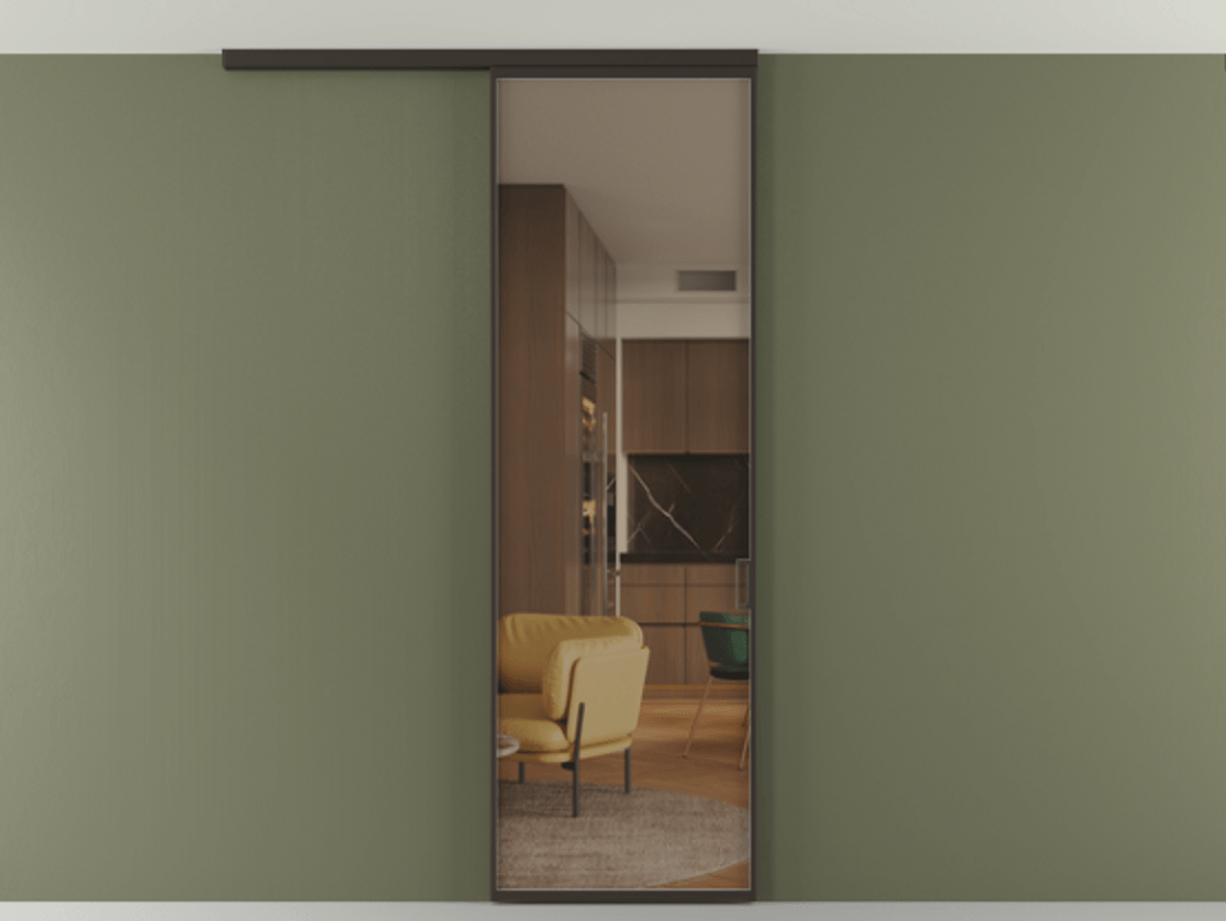 Перегородка Формато вдоль стены на потолок 1 створка АЛПР 040.01 Алюминий антрацит Прозрачное бронзовое стекло, триплекс Цена 96236 ₽ | Volhovec