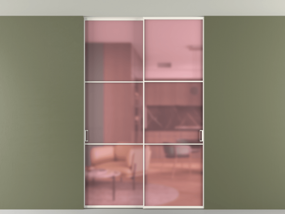 Перегородка Формато внутри проёма скрытое крепление в потолок 2 створки АЛПР 040.03 Алюминий пудровый белый Сатинированное розовое стекло, триплекс Цена 248215 ₽ | Volhovec