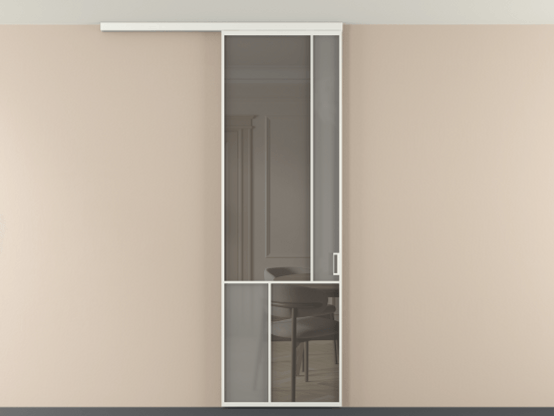 Перегородка Мозаик вдоль стены на потолок 1 створка АЛПР 041.21 Алюминий светло-серый Сатинированное серое стекло, триплекс, 6 мм + Прозрачное серое стекло, триплекс Цена 135040 ₽ | Volhovec