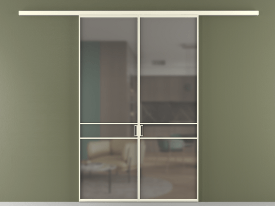 Перегородка Формато вдоль стены 2 створки АЛПР 040.02 Алюминий молочно-белый Сатинированное серое стекло, триплекс Цена 195450 ₽ | Volhovec