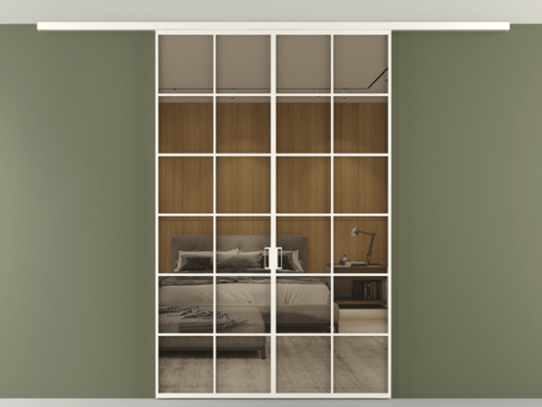 Перегородка Формато вдоль стены на потолок 2 створки АЛПР 040.05 Алюминий пудровый белый Рефлективное бронзовое стекло "Стопсол", калёное Цена 261080 ₽ | Volhovec