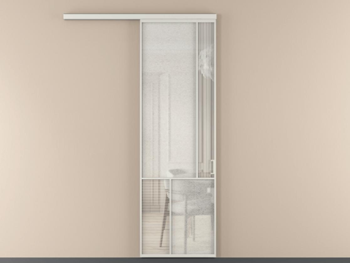 Перегородка Mosaic вдоль стены 1 створка АЛПР 041.21 Алюминий серый Рифлёное стекло "Дюна", триплекс, 6 мм + Фактурное стекло "Лёд", триплекс Цена 145030 ₽ | Volhovec