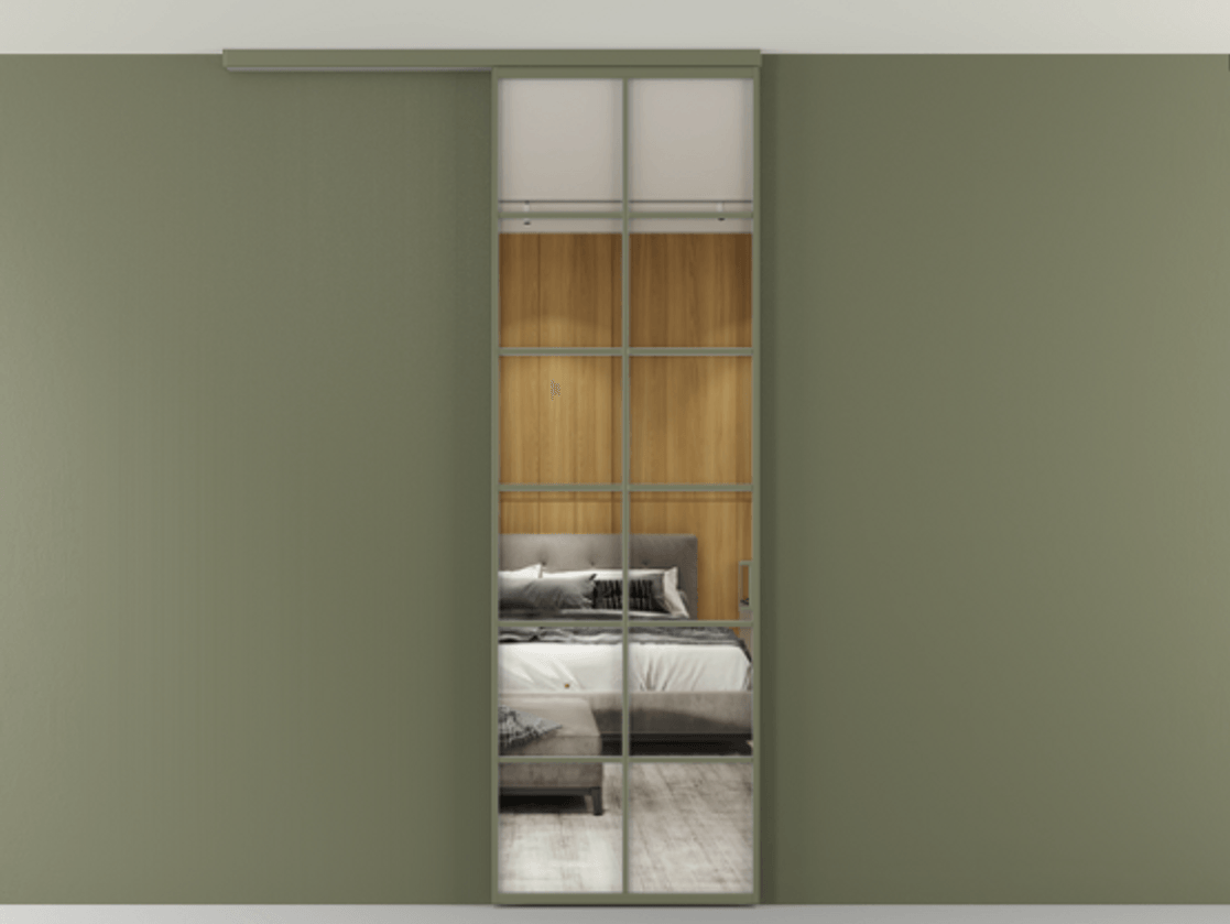 Перегородка Формато вдоль стены на потолок 1 створка АЛПР 040.05 Алюминий оливковый тёмный Двустороннее зеркало, триплекс , триплекс 6 мм Цена 107852 ₽ | Volhovec