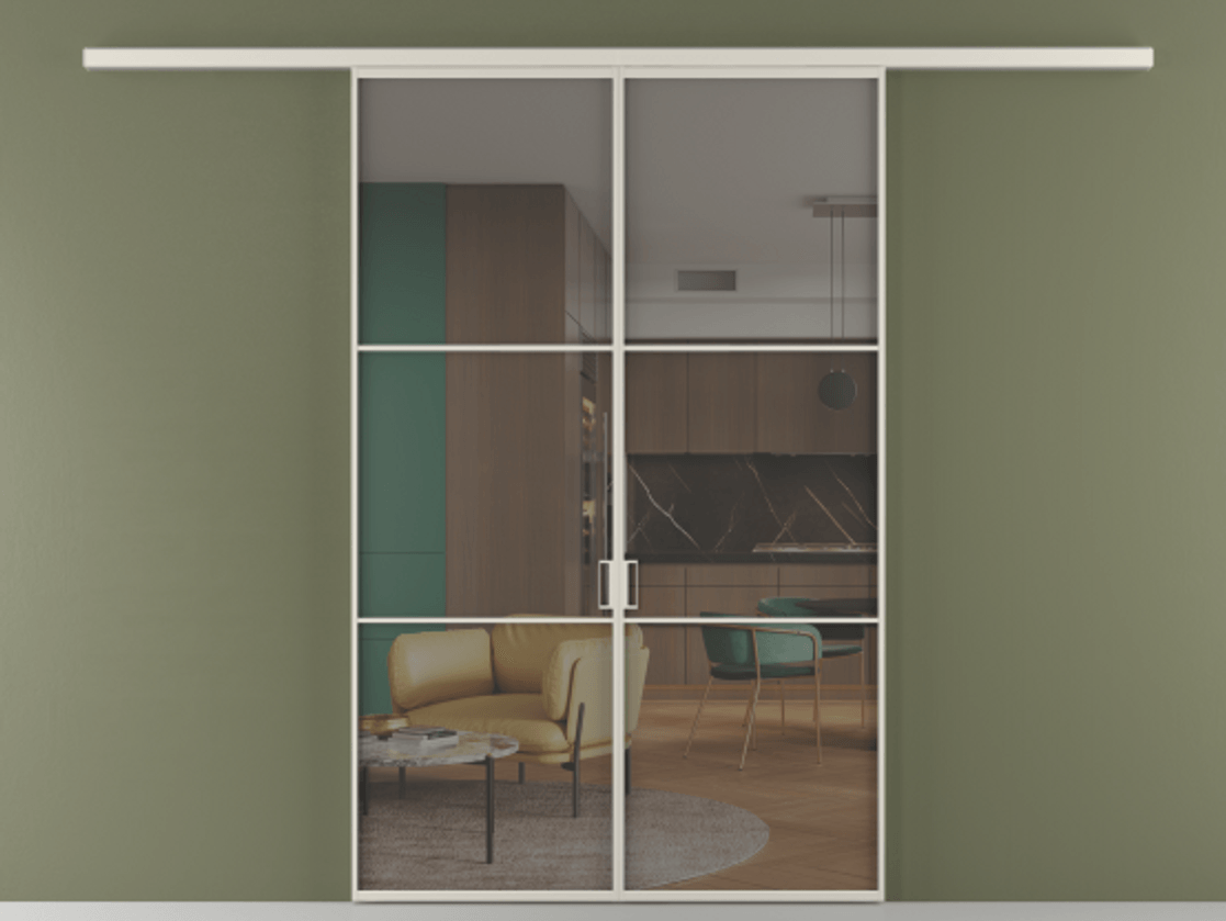 Перегородка Формато вдоль стены 2 створки АЛПР 040.03 Алюминий облачно-серый Прозрачное серое стекло, триплекс Цена 195450 ₽ | Volhovec