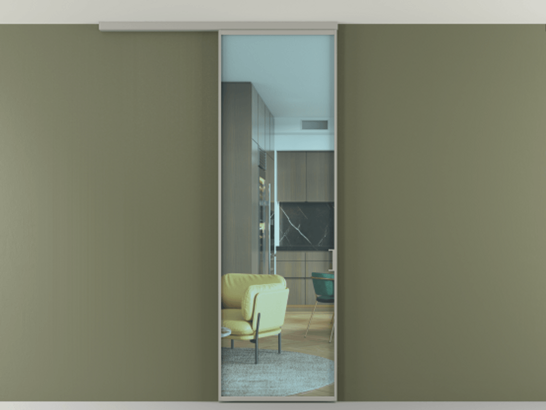 Перегородка Формато вдоль стены на потолок 1 створка АЛПР 040.01 Алюминий нейтральный серый Прозрачное голубое стекло, триплекс Цена 92403 ₽ | Volhovec