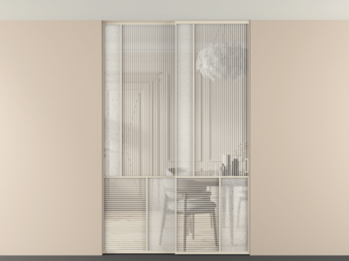 Перегородка Мозаик внутри проёма скрытое крепление в потолок 2 створки АЛПР 041.20 Алюминий бежево-серый Рифлёное стекло "Дюна", триплекс, 6 мм + Фактурное стекло "Лёд", триплекс Цена 340580 ₽ | Volhovec