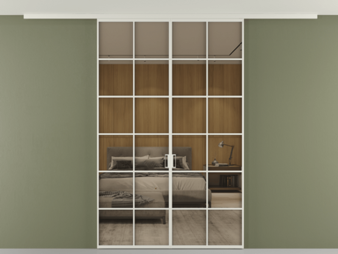 Перегородка Формато вдоль стены на потолок 2 створки АЛПР 040.05 Алюминий Белый Рефлективное бронзовое стекло "Стопсол", калёное Цена 213264 ₽ | Volhovec