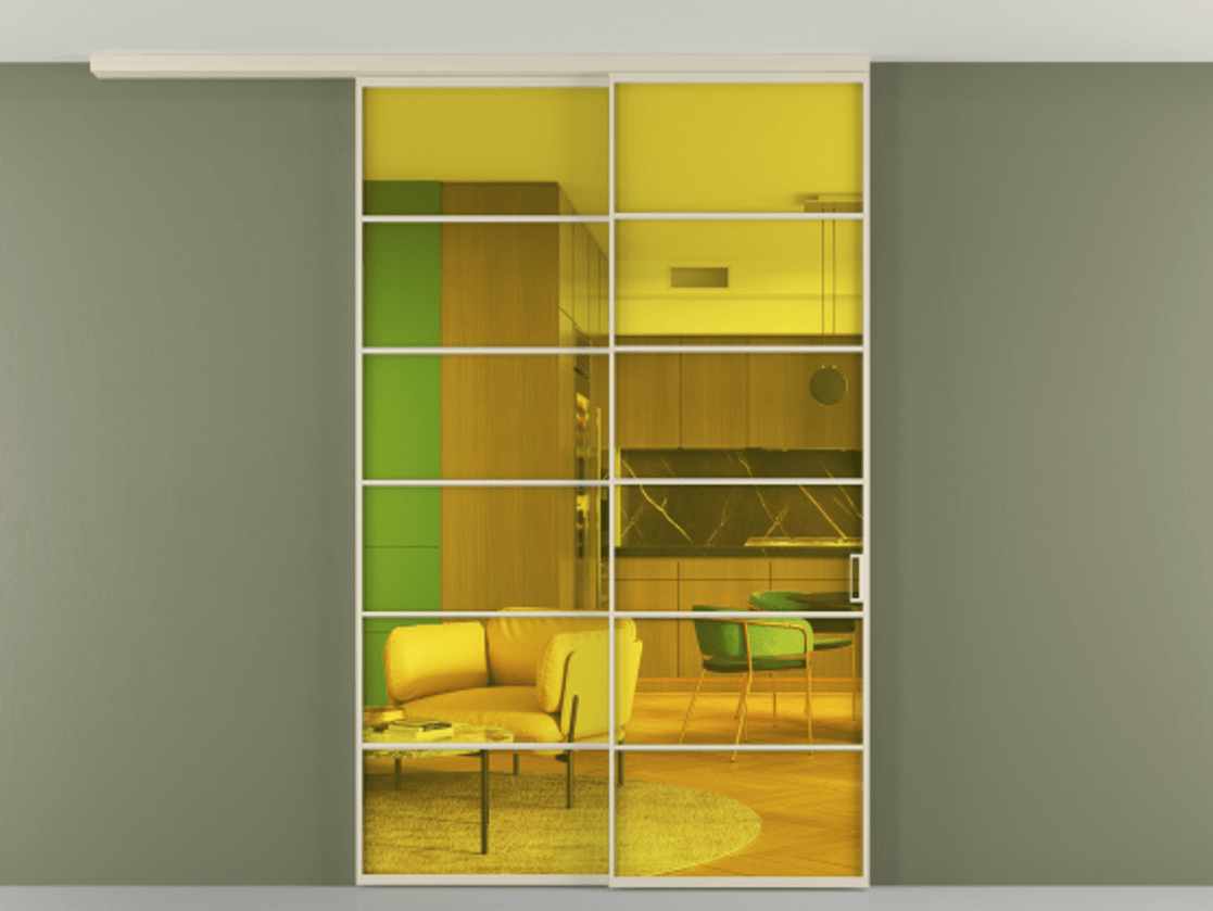 Перегородка Formato вдоль стены на потолок телескопик синхро 2 АЛПР 040.04 Алюминий бежево-серый Прозрачное жёлтое стекло, триплекс Цена 291704 ₽ | Volhovec