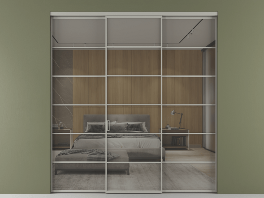 Перегородка Formato внутри проёма 3 створки АЛПР 040.04 Алюминий нейтральный серый Рефлективное серое стекло "Stopsol", калёное Цена 341000 ₽ | Volhovec