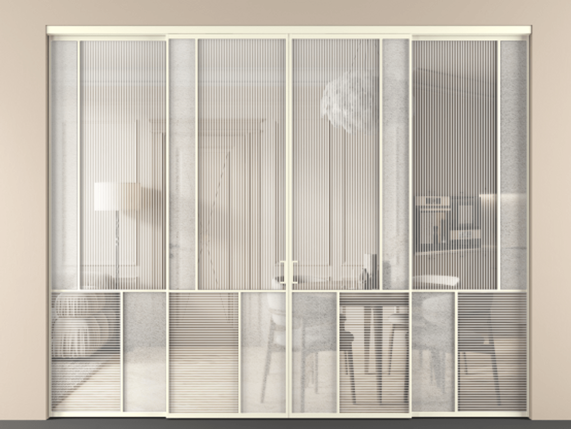 Перегородка Мозаик внутри проёма 4 створки АЛПР 041.21 Алюминий молочно-белый Рифлёное стекло "Дюна", триплекс, 6 мм + Фактурное стекло "Лёд", триплекс. Цена 492920 ₽ . Фабрика дверей Волховец 8 (800) 551 43 19 Перегородка Мозаик внутри проёма 4 створки АЛПР 041.21 Алюминий молочно-белый Рифлёное стекло "Дюна", триплекс, 6 мм + Фактурное стекло "Лёд", триплекс Цена 492920 ₽ | Volhovec