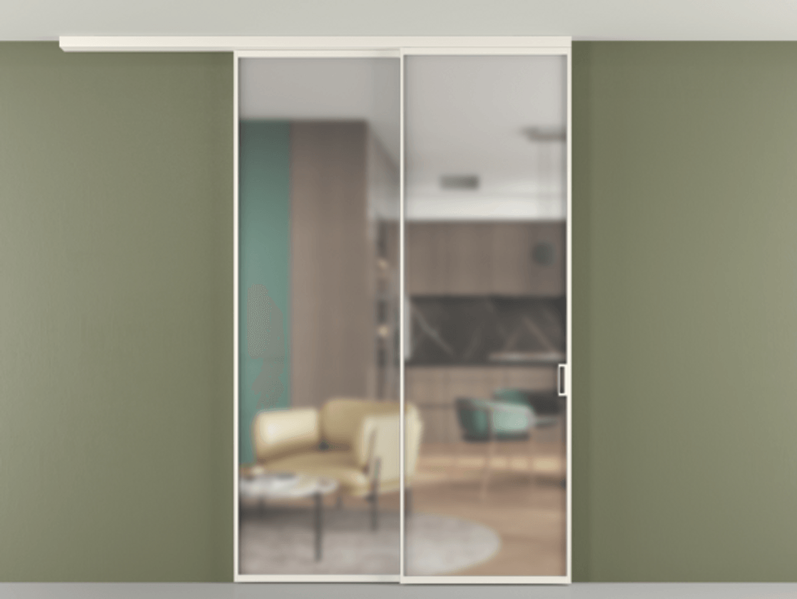 Перегородка Формато вдоль стены на потолок 2 створки с синхронным механизмом АЛПР 040.01 Алюминий пудровый белый Сатинированное стекло "Мателюкс Кристал Вижн", калёное, матовое, каленое 6 мм Цена 315140 ₽ | Volhovec