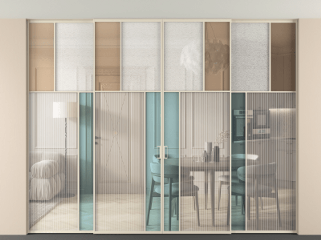 Перегородка Mosaic внутри проёма скрытое крепление в потолок 4 створки АЛПР 041.22 Алюминий бежево-серый Комбинация стекол Группы 1 и Группы 3 Цена 617260 ₽ | Volhovec