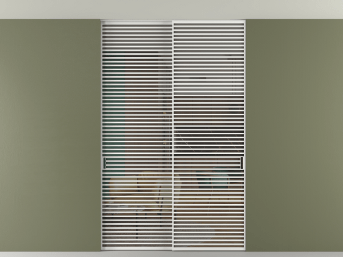 Перегородка Формато внутри проёма скрытое крепление в потолок 2 створки АЛПР 040.07 Алюминий белоснежный Прозрачное серое стекло, триплекс Цена 409915 ₽ | Volhovec