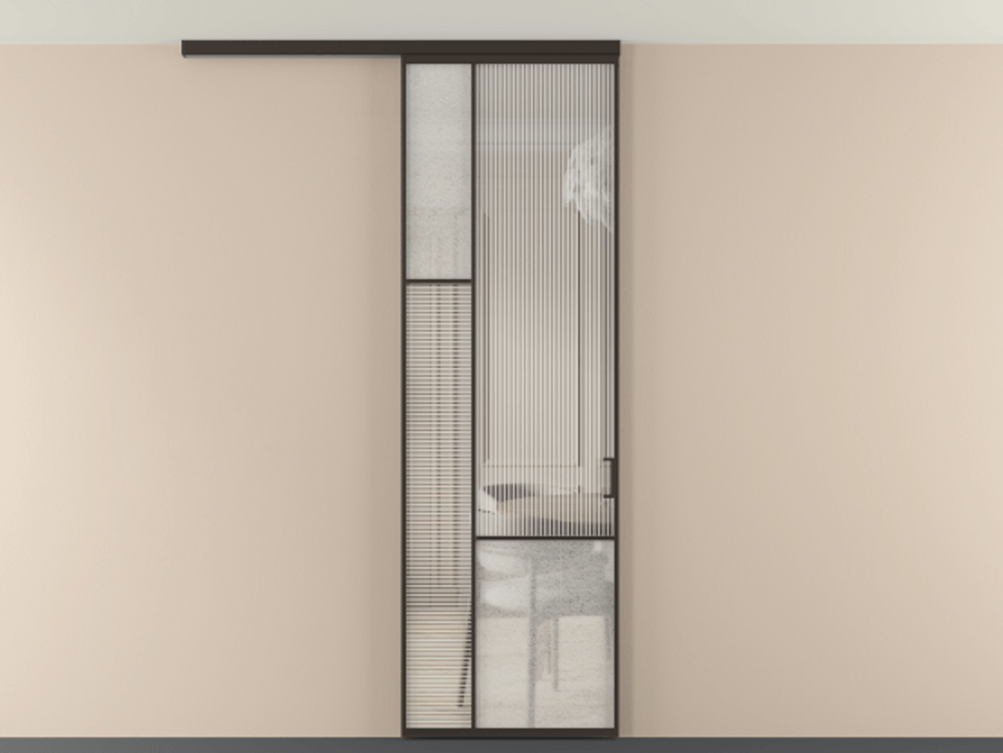 Перегородка Мозаик вдоль стены на потолок 1 створка АЛПР 041.13 Алюминий антрацит Рифлёное стекло "Дюна", триплекс, 6 мм + Фактурное стекло "Лёд", триплекс Цена 143040 ₽ | Volhovec