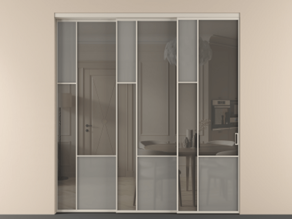 Перегородка Мозаик внутри проёма 3 створки с синхронным механизмом АЛПР 041.13 Алюминий светло-бежевый Сатинированное серое стекло, триплекс, 6 мм + Прозрачное серое стекло, триплекс Цена 437390 ₽ | Volhovec