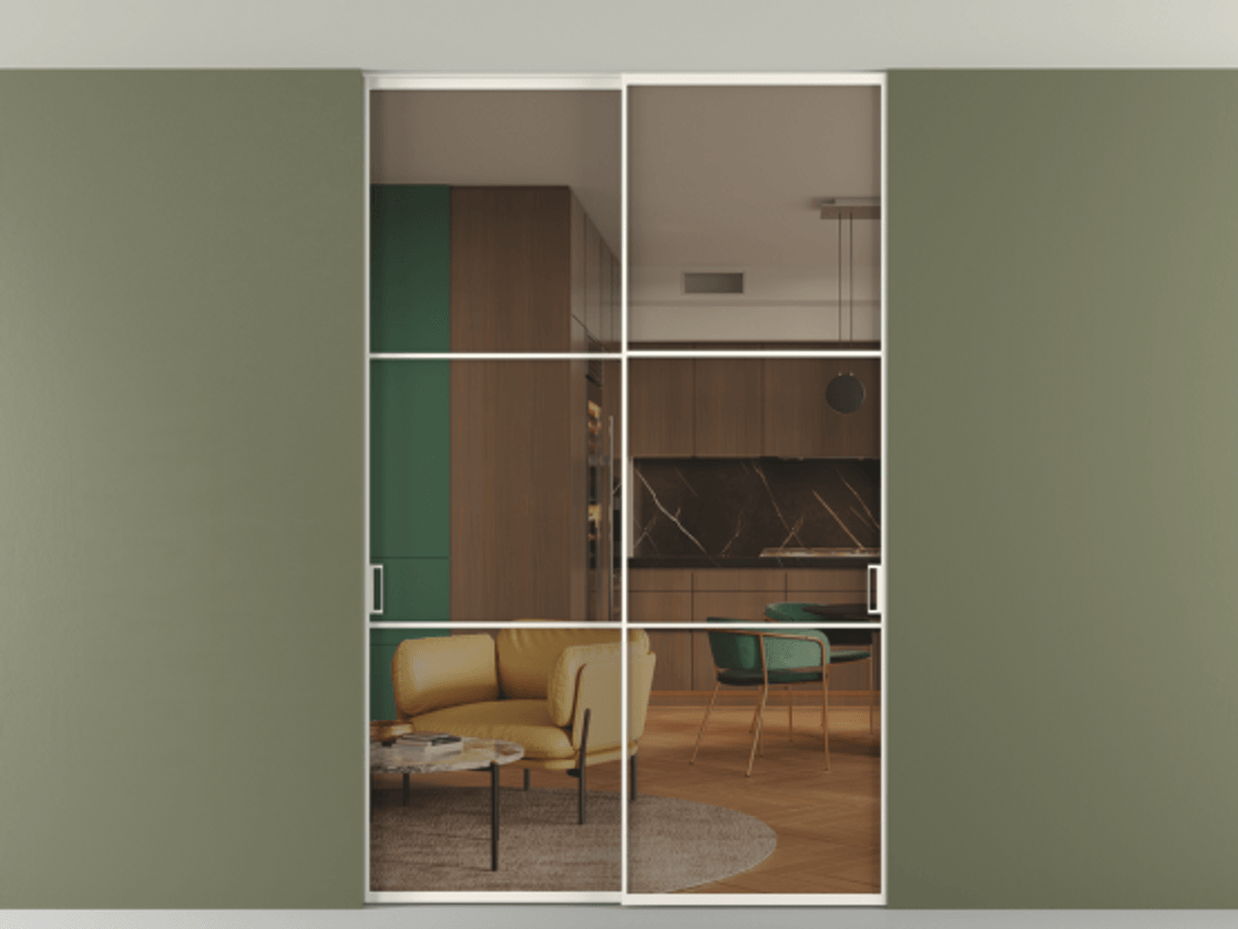 Перегородка Формато внутри проёма скрытое крепление в потолок 2 створки АЛПР 040.03 Алюминий пудровый белый Прозрачное бронзовое стекло, триплекс Цена 248215 ₽ | Volhovec