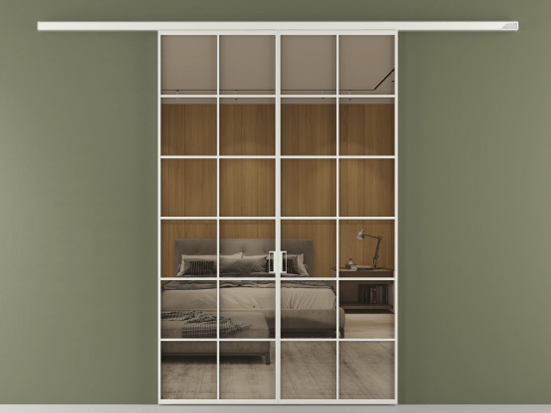 Перегородка Формато вдоль стены 2 створки АЛПР 040.05 Алюминий серый Рефлективное бронзовое стекло "Стопсол", калёное Цена 264600 ₽ | Volhovec