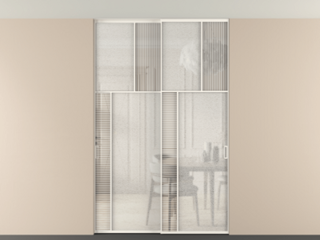 Перегородка Мозаик внутри проёма скрытое крепление в потолок 2 створки АЛПР 041.22 Алюминий пудровый белый Рифлёное стекло "Дюна", триплекс, 6 мм + Фактурное стекло "Лёд", триплекс Цена 340580 ₽ | Volhovec