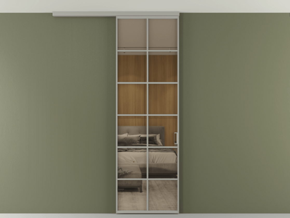 Перегородка Формато вдоль стены на потолок 1 створка АЛПР 040.05 Алюминий нейтральный серый Рефлективное бронзовое стекло "Стопсол", калёное Цена 134090 ₽ | Volhovec