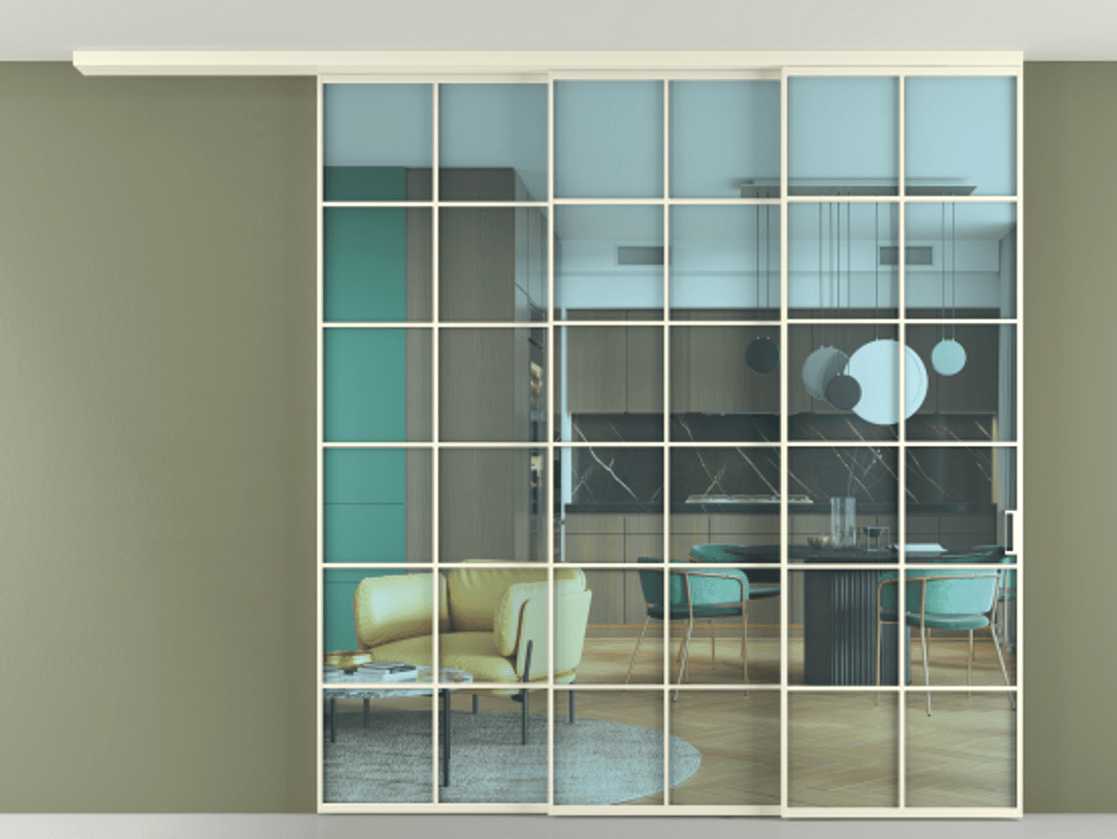 Перегородка Формато вдоль стены на потолок 3 створки с синхронным механизмом АЛПР 040.05 Алюминий молочно-белый Прозрачное голубое стекло, триплекс Цена 403278 ₽ | Volhovec