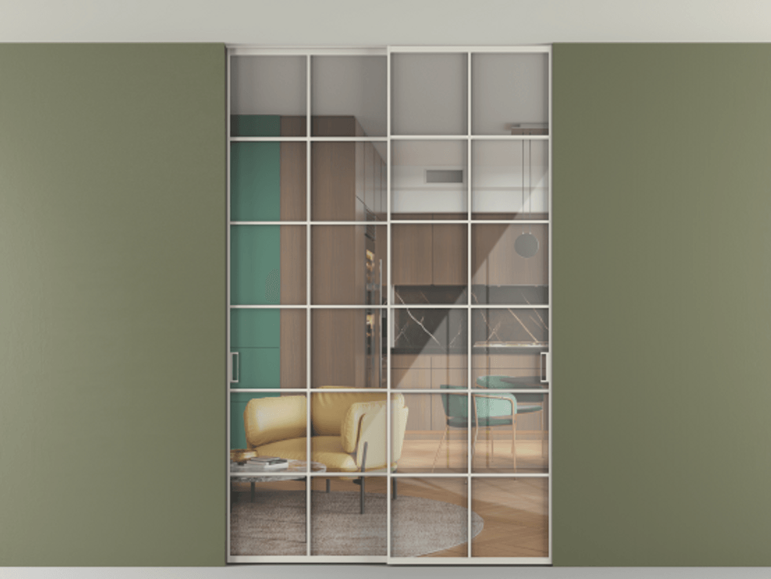 Перегородка Формато внутри проёма скрытое крепление в потолок 2 створки АЛПР 040.05 Алюминий облачно-серый Рефлективное прозрачное стекло "Стопсол", калёное Цена 322680 ₽ | Volhovec