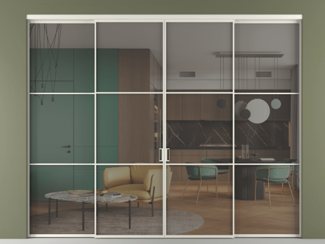 Перегородка Formato внутри проёма четырёхстворчатая АЛПР 040.03 Алюминий Белый Прозрачное серое стекло, триплекс Цена 324000 ₽  | Volhovec