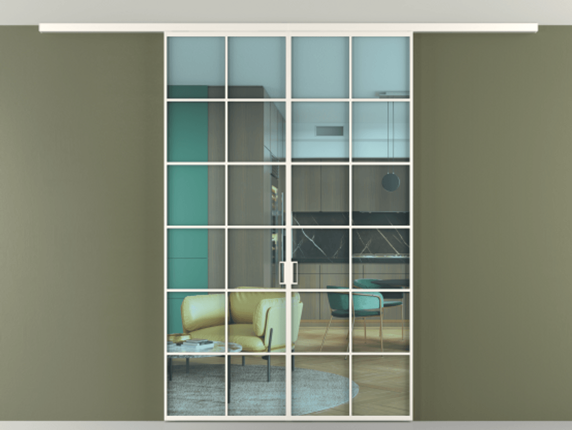 Перегородка Формато вдоль стены на потолок 2 створки АЛПР 040.05 Алюминий пудровый белый Прозрачное голубое стекло, триплекс Цена 199485 ₽ | Volhovec