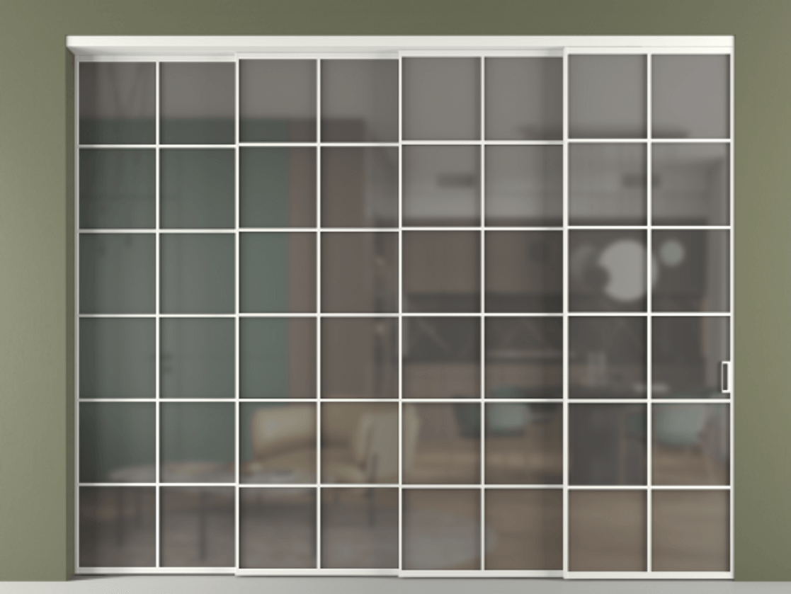 Перегородка Формато внутри проёма 4 створки с синхронным механизмом АЛПР 040.05 Алюминий светло-серый Сатинированное серое стекло, триплекс Цена 488680 ₽ | Volhovec