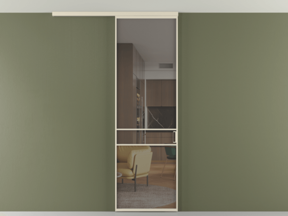 Перегородка Формато вдоль стены на потолок 1 створка АЛПР 040.02 Алюминий бежево-серый Прозрачное серое стекло, триплекс Цена 96858 ₽ | Volhovec